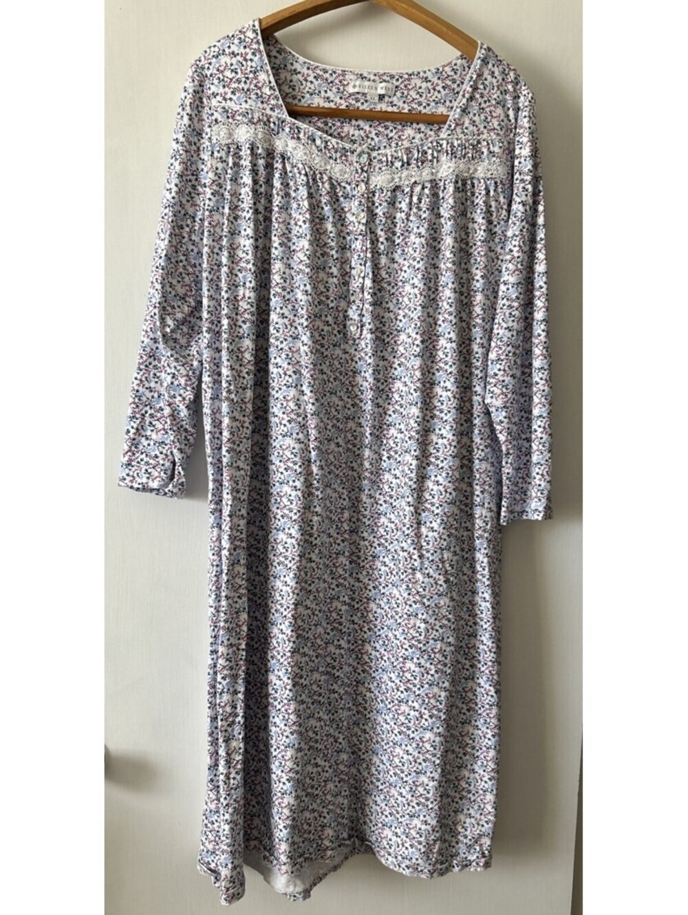 Eileen West Nightgown L 100% Cotton Floral Lace Long Sleeve Cottagecore Multi